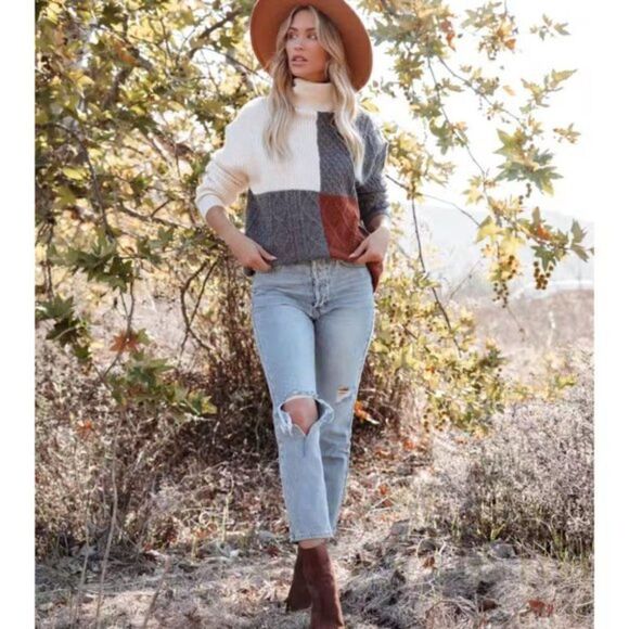 Red & Gray Colorblock Print Cable Knit Turtleneck Long Sleeve Pullover Sweater - Picture 5 of 10